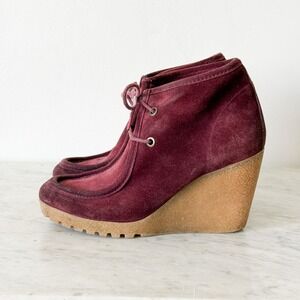 Barneys New York CO-OP Burgundy Suede Wedge Ankle Boots Lug Sole Lace Up 37.5